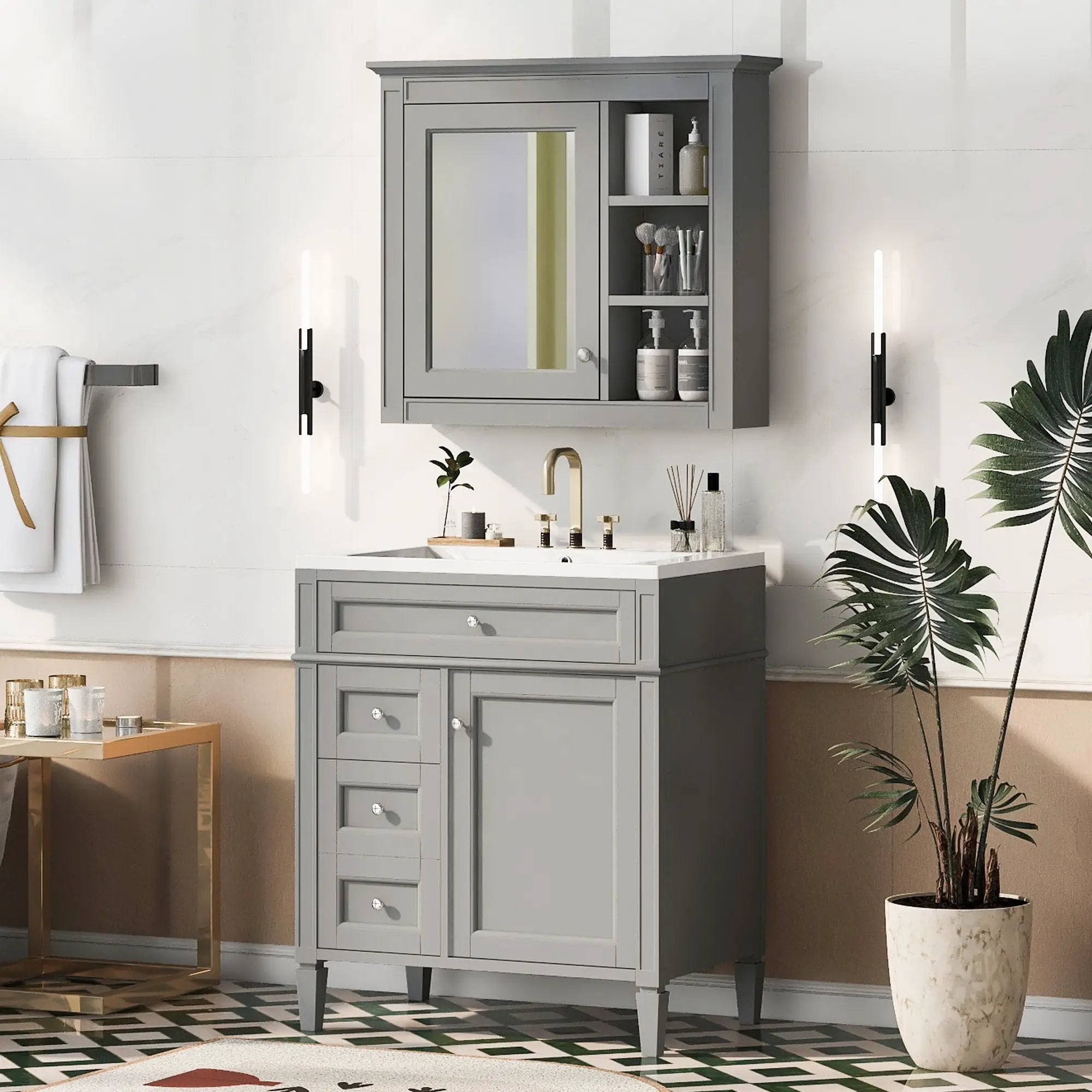Bathroom Vanity With Medicine Cabinet, Royal Mirror Cabinet, Modern Bathroom Storage Cabinet With 2 Soft Closing Doors And 4 Drawers by HouseOfZazla