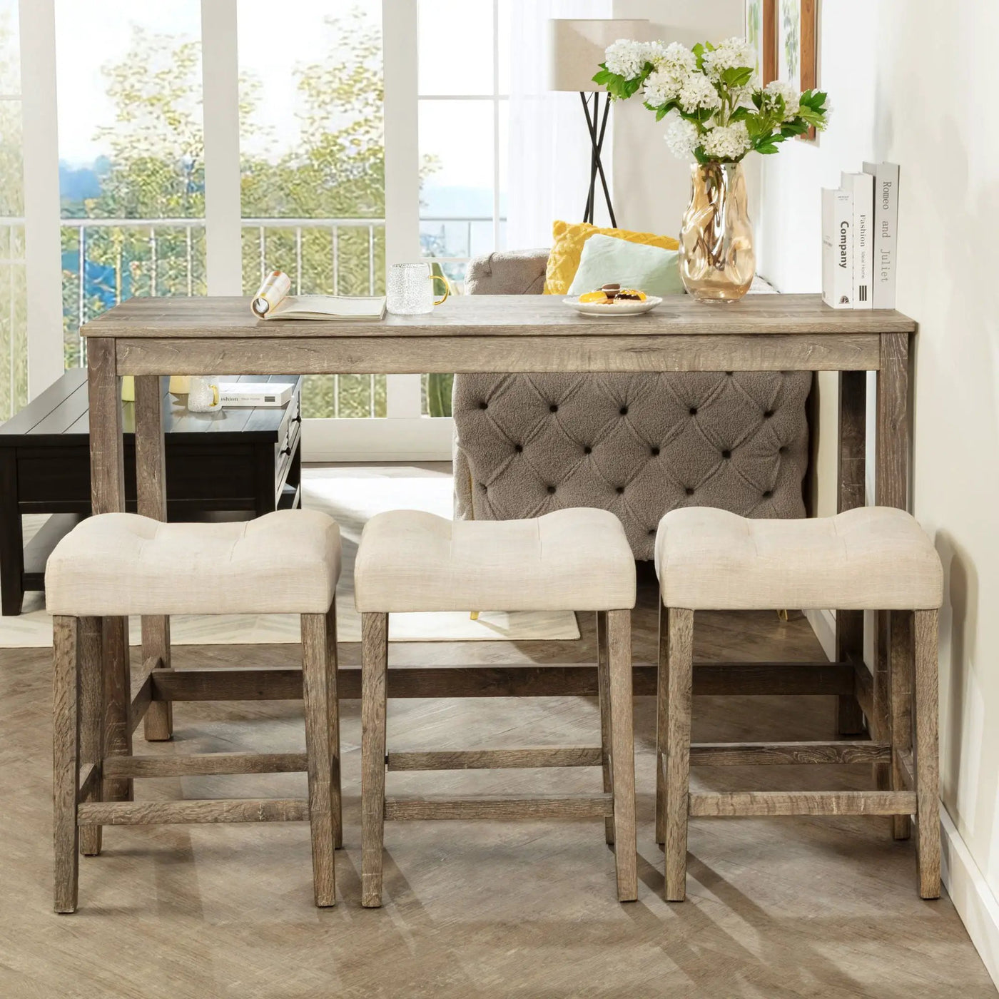 4 Piece Bar Table Set With Power Outlet, 3 Padded Stools by Unique Piece Furniture