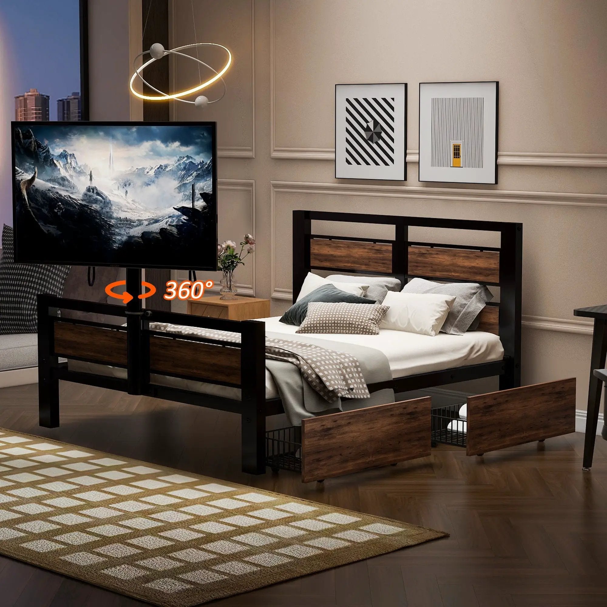 Twin Size Platform Bed With Headboard And Footboard, 2 Storage Drawers And Rotatable TV Stand - Black by Unique Piece Furniture