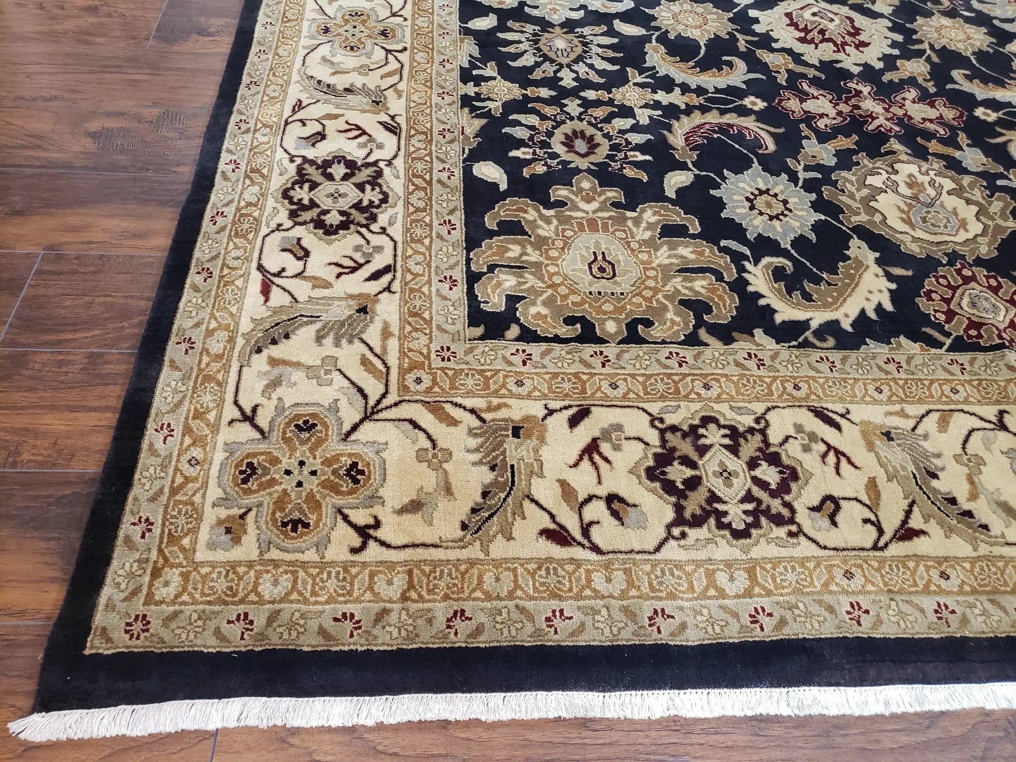 Indo Mahal Rug 8x12, Indian Sultanabad Handmade Area Rug, Vintage Hand-Knotted Wool Black Floral Traditional Oriental Dinning Room Rug by Jewel Rugs