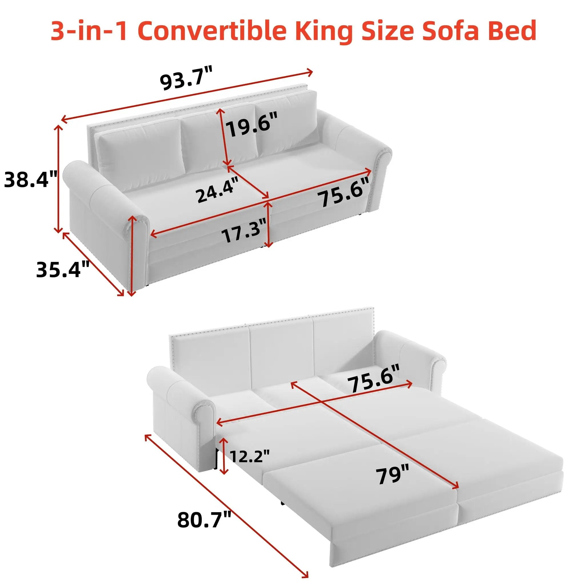 3 In 1 Convertible Sleeper Sofa With Nailhead Trim & Rolled Arm by HouseOfZazla