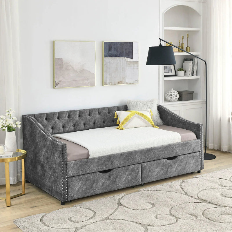 Upholstered Tufted Daybed With 2 Drawers, Waved Arms by Unique Piece Furniture