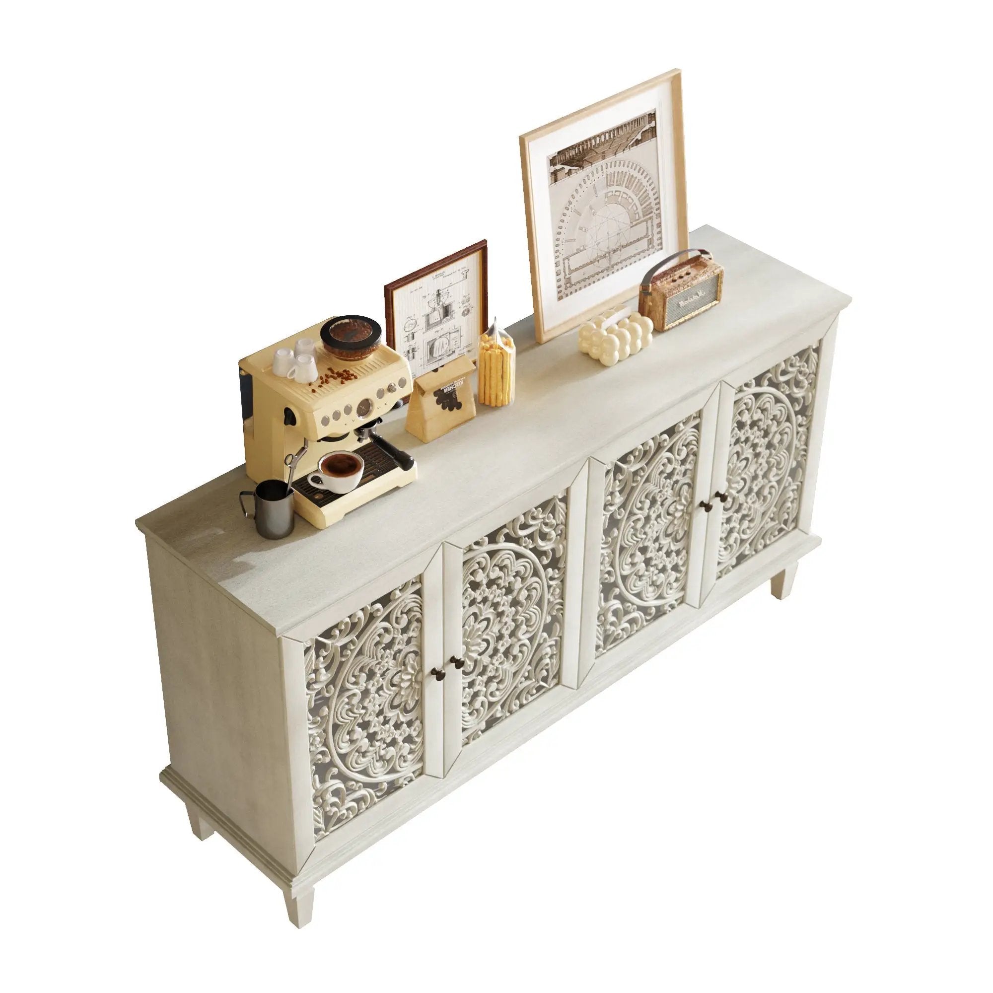 60" Antique Buffet Cabinet with Floral Carvings and Solid Wood Legs by HouseOfZazla