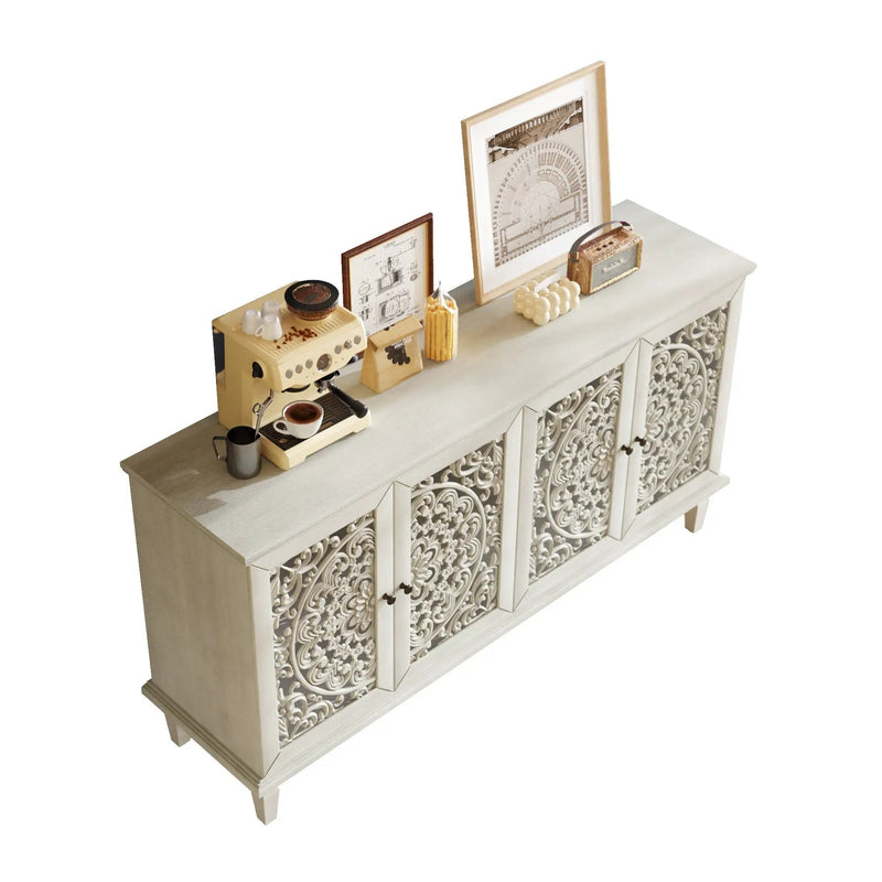 60" Antique Buffet Cabinet with Floral Carvings and Solid Wood Legs by HouseOfZazla