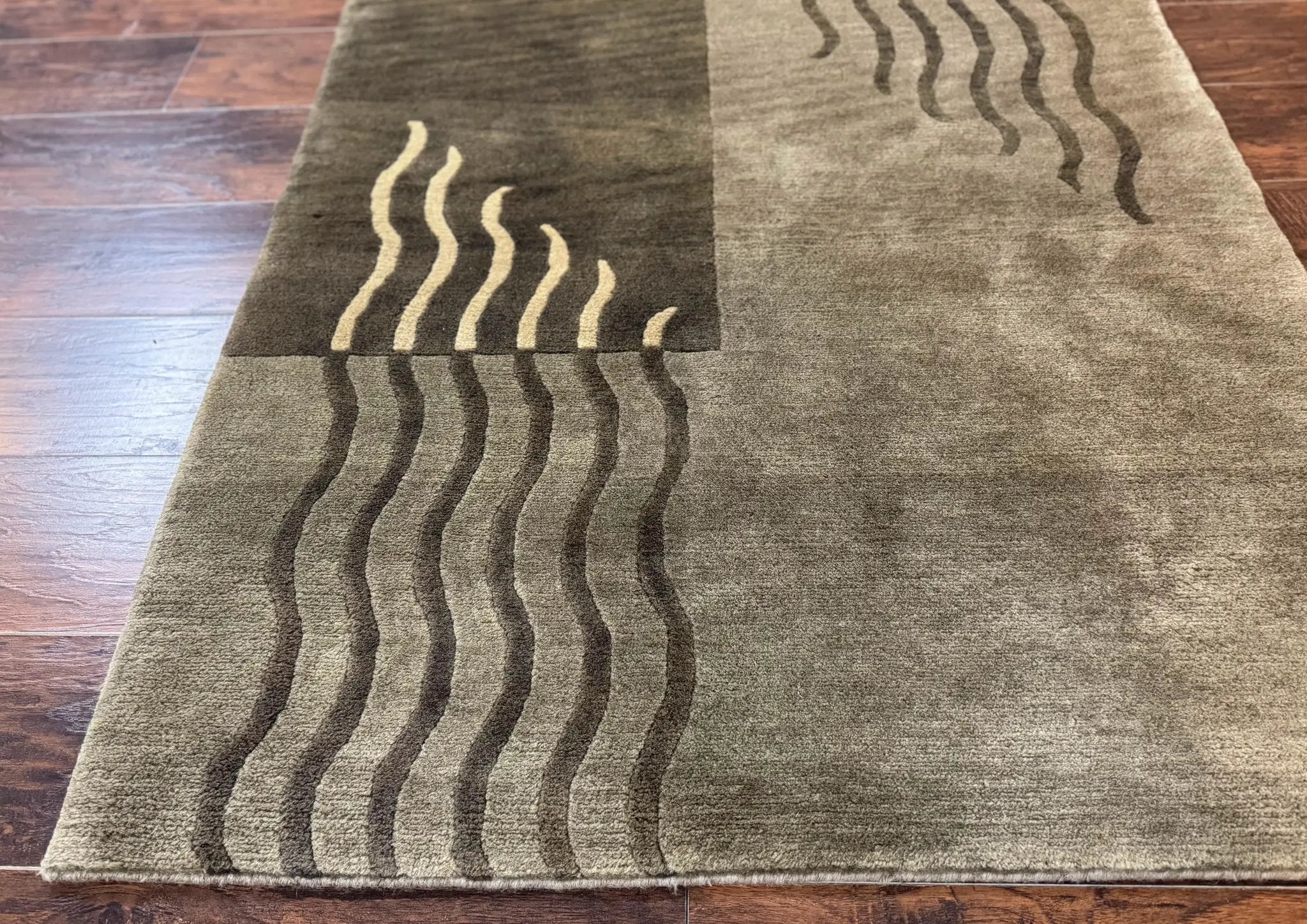 Modern Tibetan Wool Rug 3.6 x 5.6, Shades of Green, Abstract Design by Jewel Rugs