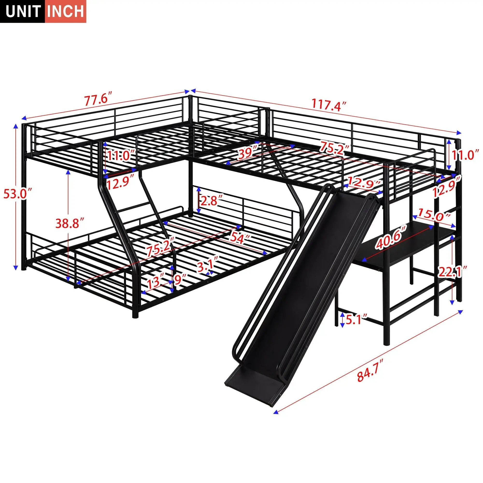 L-Shaped Twin Over Full Bunk Bed With Twin Loft, Built In Desk And Slide - Black by Unique Piece Furniture