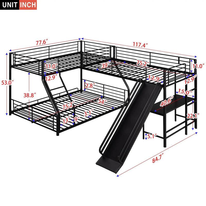 L-Shaped Twin Over Full Bunk Bed With Twin Loft, Built In Desk And Slide - Black by HouseOfZazla