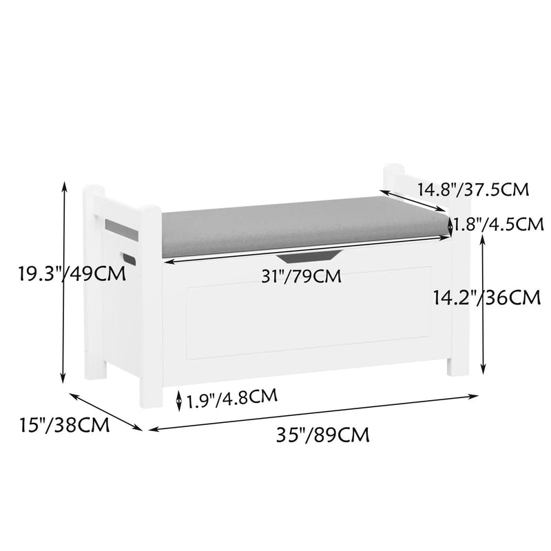 Kids Toy Box Chest Storage Cabinet With Cushion Seat Bench Flip Top Lid Safety Hinge - White by HouseOfZazla
