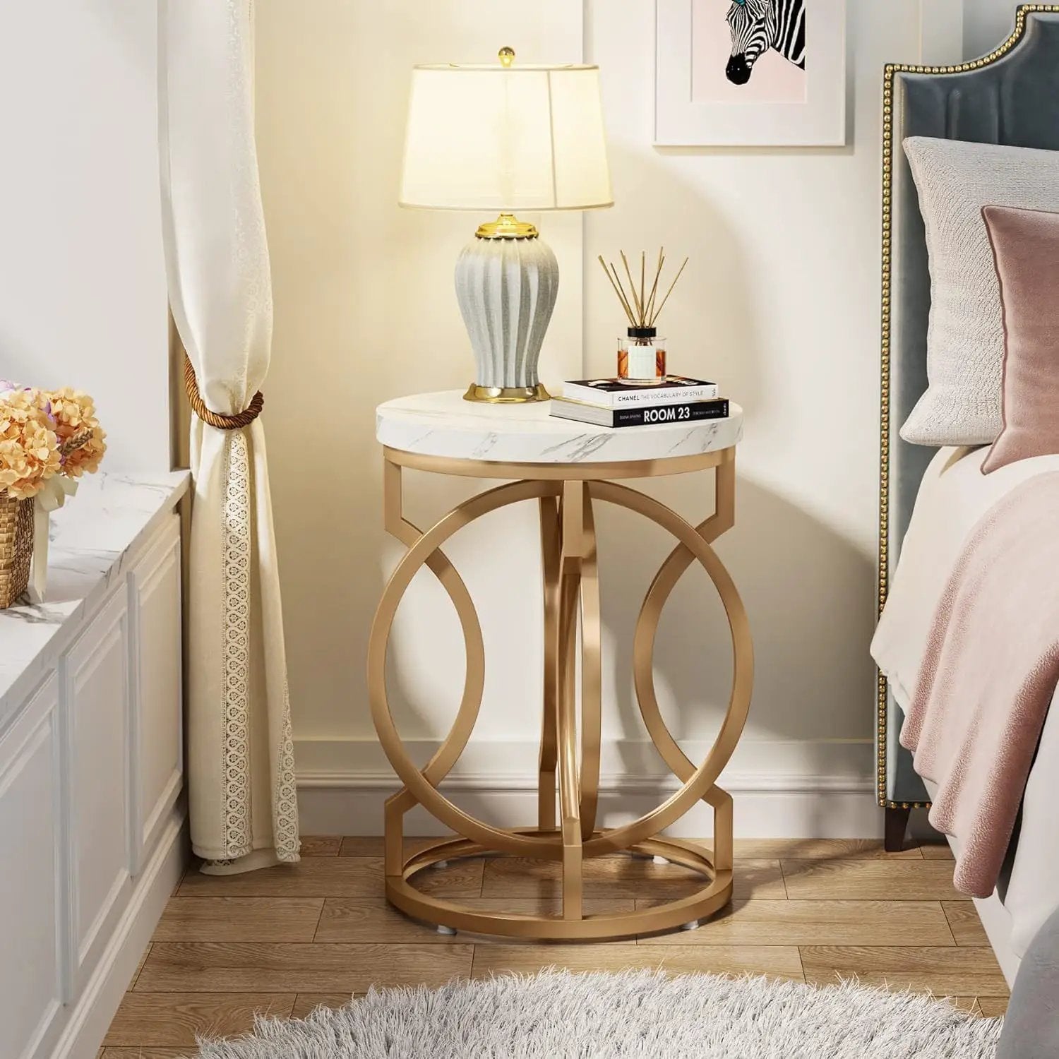 Round End Table With O-Shaped Base - White / Gold by HouseOfZazla