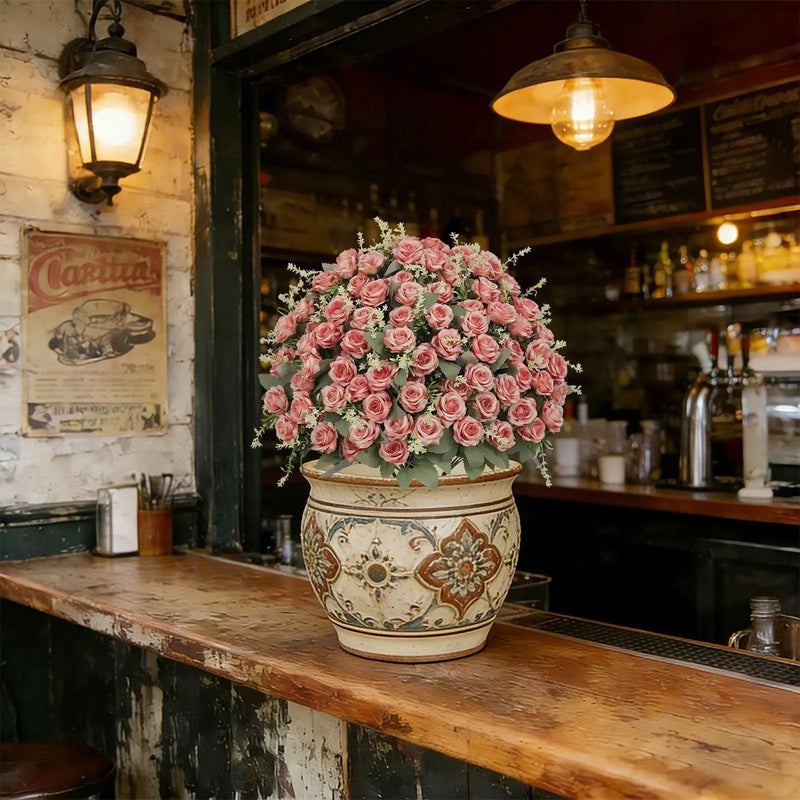 Artificial Rose Decoration With UV Resistant Silk Petals, Durable Stems In Cement Pot, Indoor Outdoor Potted Floral Arrangement - Green / Pink by Unique Piece Furniture