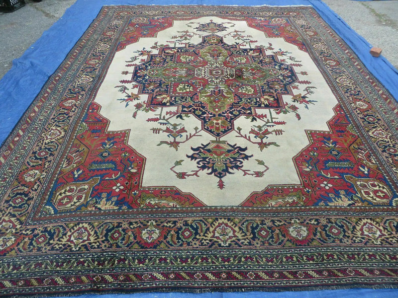 Persian Tabriz Rug 10x13 Oriental Carpet, Ivory Open Field, Geometric Medallion, Red Blue, Hand Knotted, Large Wool Area Rug Vintage Antique 1950s by Jewel Rugs