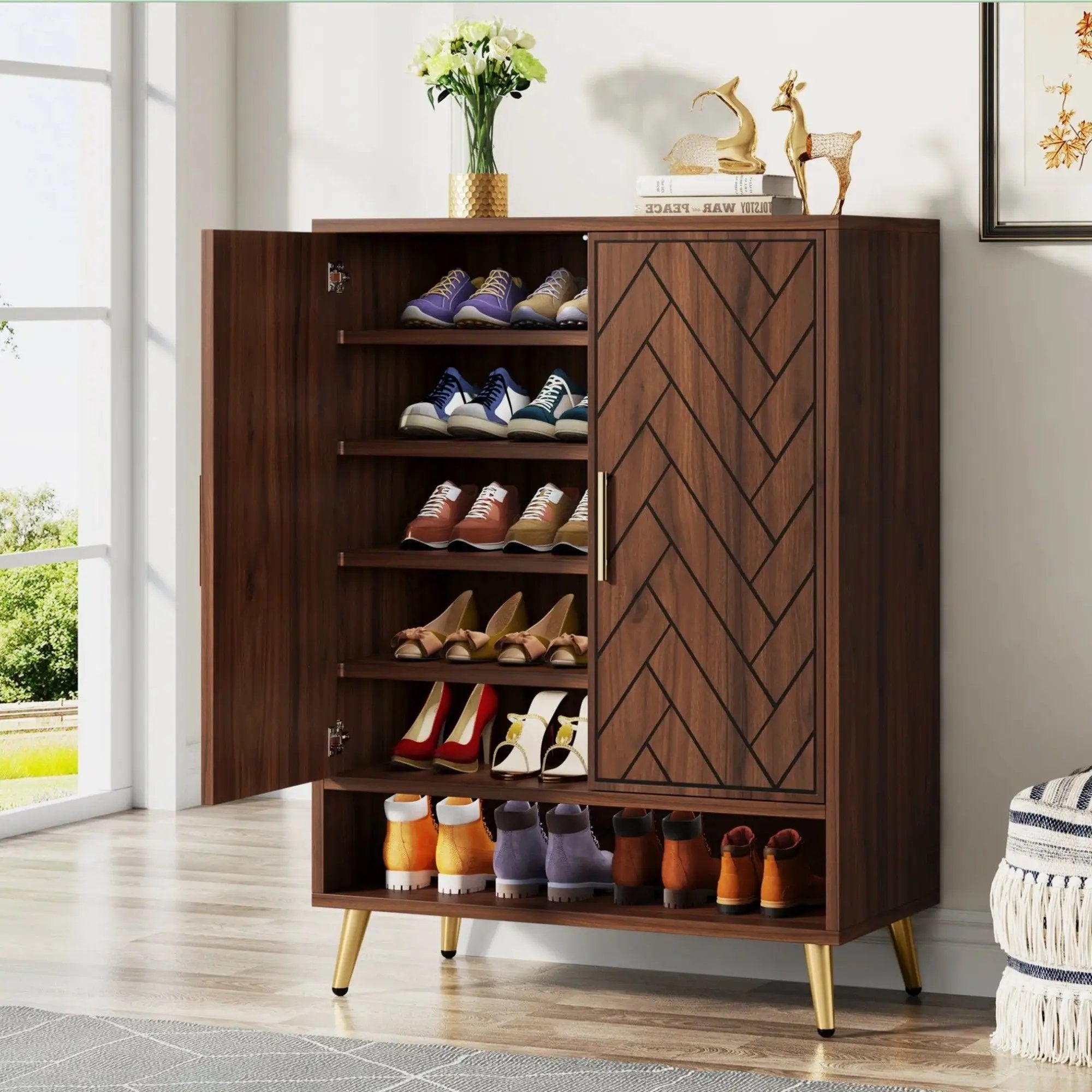 6 Tier Wooden Entryway Shoe Cabinet, Wide Storage Unit For 24 Pairs Of Shoes - Walnut by HouseOfZazla