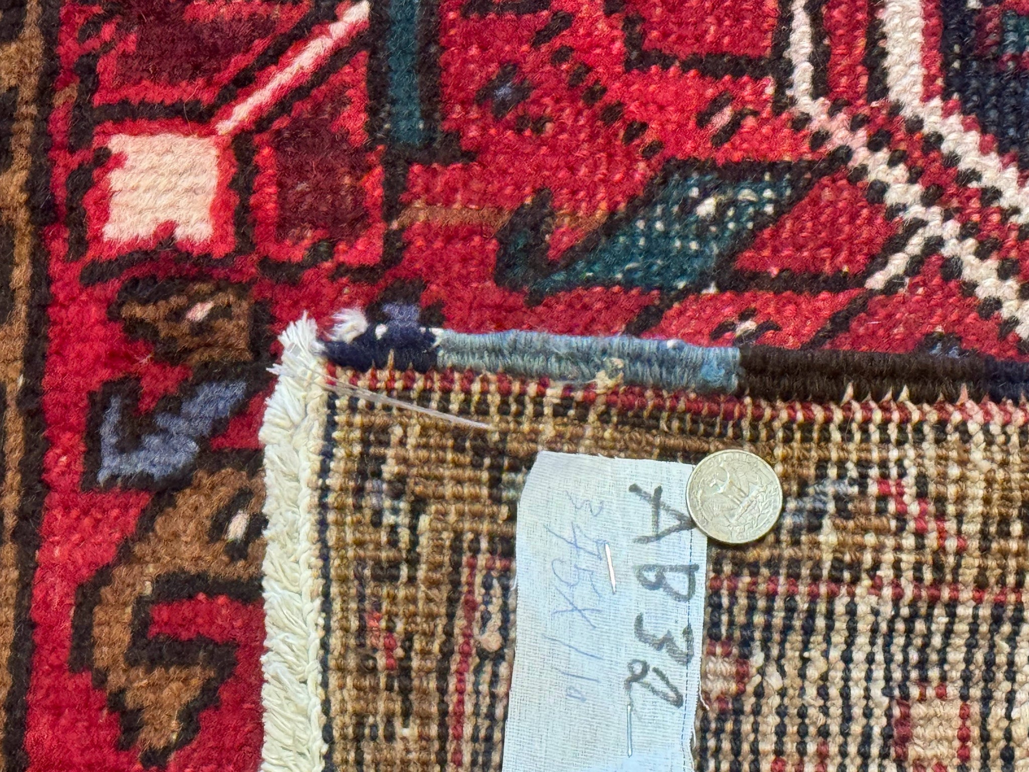 Persian Heriz Karajeh Runner Rug 3.7 x 12, Geometric Medallions, Red and Navy Blue by Jewel Rugs