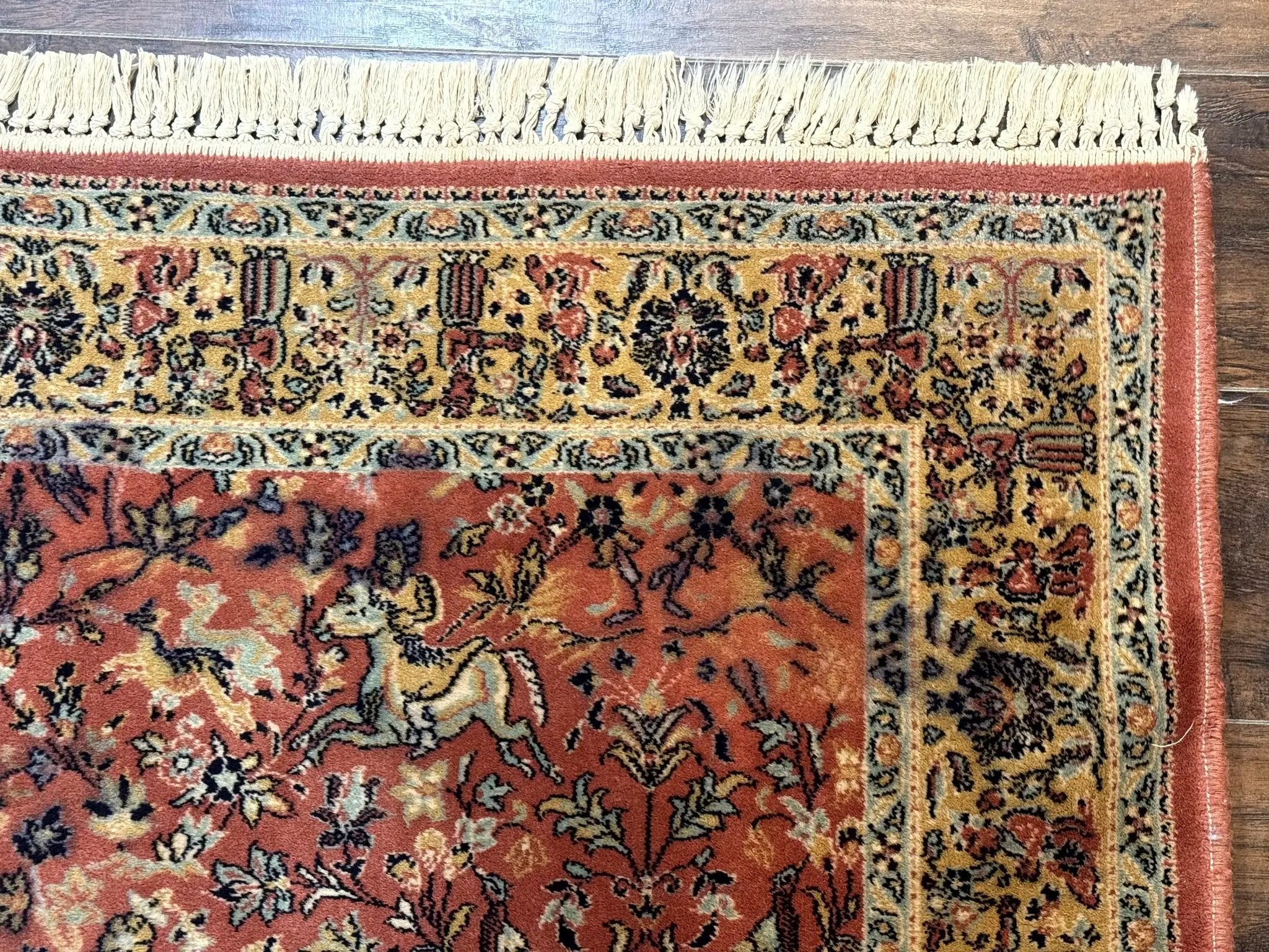 Persian Hunting Design Rug 4.7 x 6.5, Hunting Scene, Red-Orange, Wool, Belgian Power Loomed Carpet by Jewel Rugs