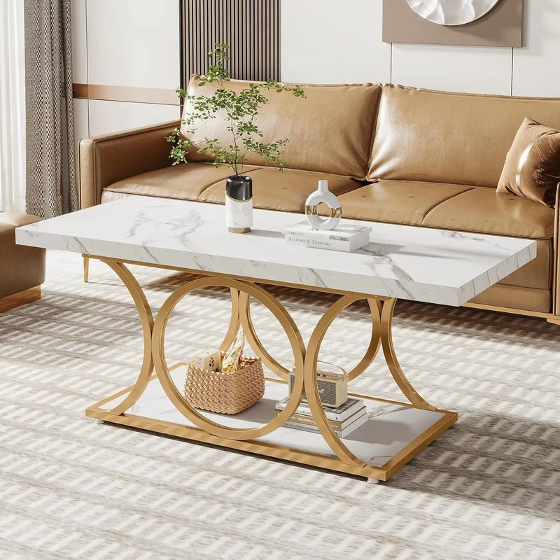 Rectangle Coffee Table, 2 Tier With Geometric Legs, Furniture With Storage Shelf - White / Gold by HouseOfZazla
