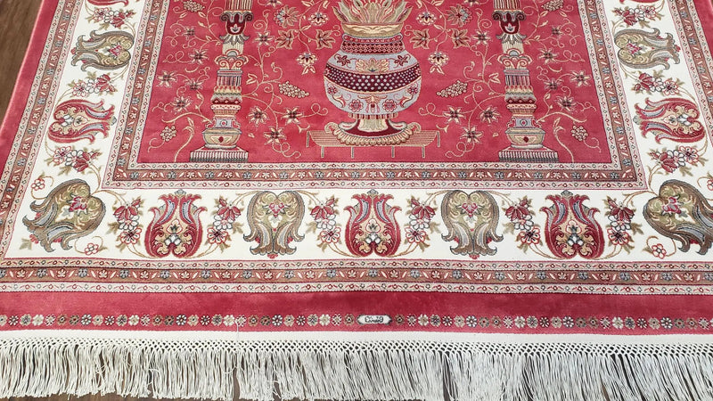 4 x 6 Silk Carpet Red, Traditional Oriental Rug 4x6, Flower Vase Columns, Turkish Rug New, High Quality, Bamboo Silk, Area Rug by Jewel Rugs
