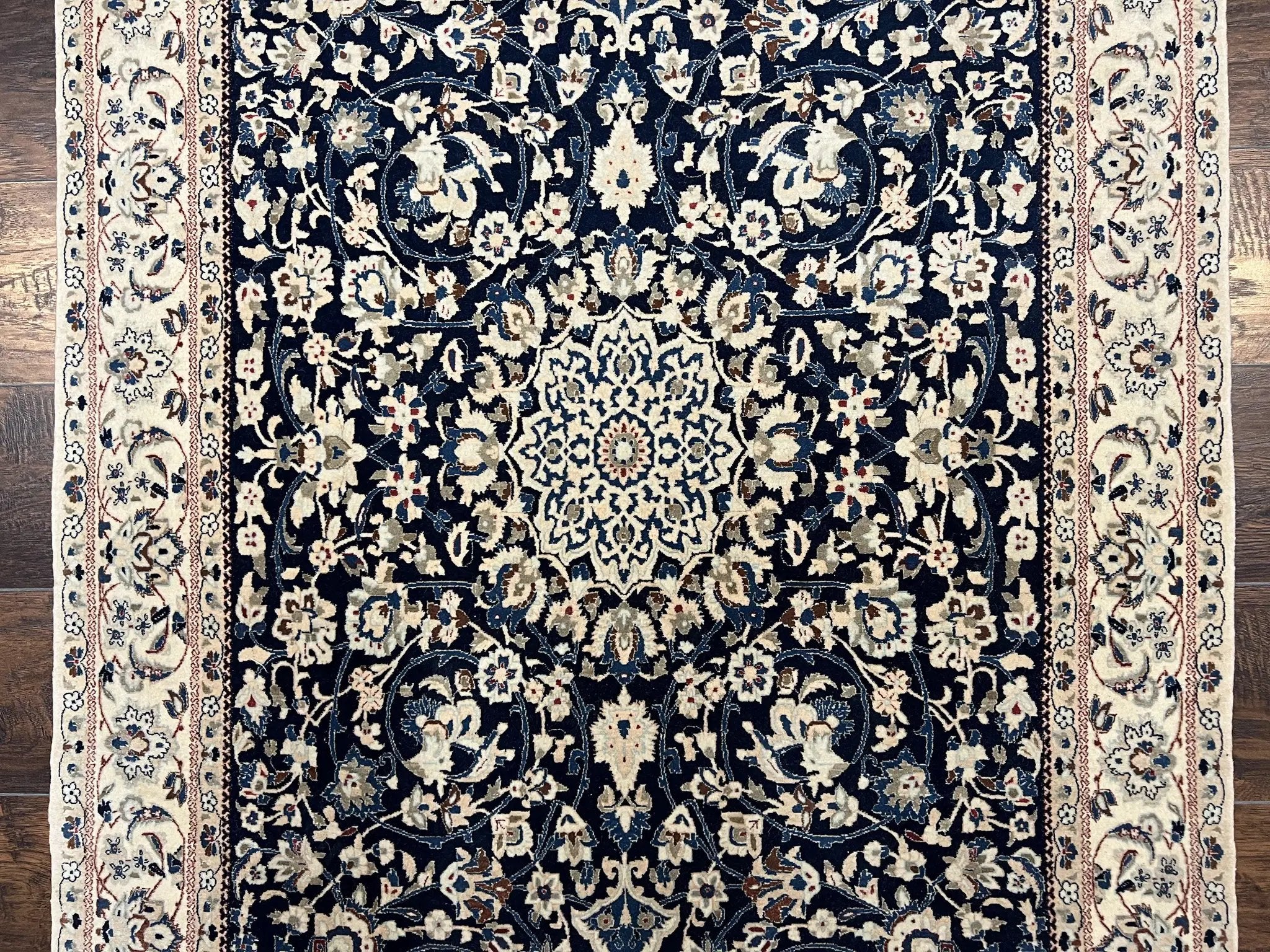 Very Fine Persian Nain Rug 3.7 x 6, Floral Medallion, Wool and Silk Accents, Highly Detailed, Hand Knotted Oriental Carpet, Navy Blue Ivory/Cream by Jewel Rugs