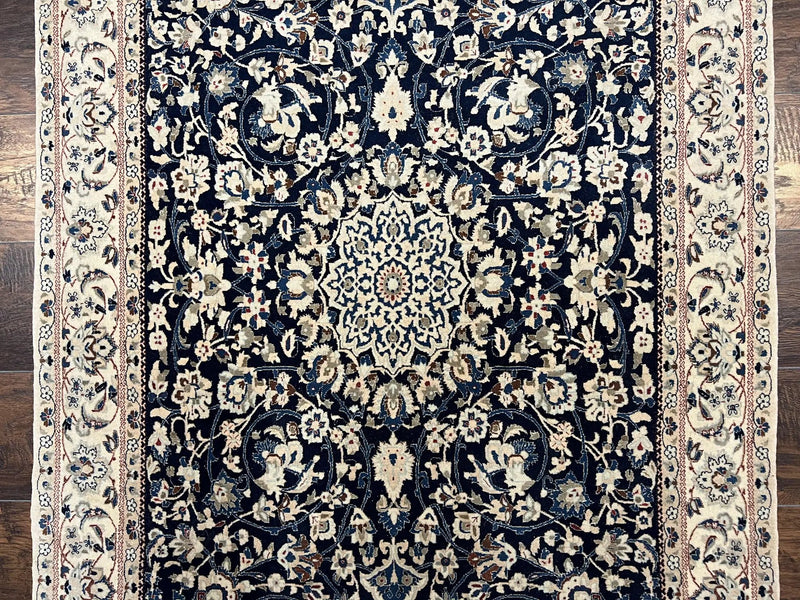 Very Fine Persian Nain Rug 3.7 x 6, Floral Medallion, Wool and Silk Accents, Highly Detailed, Hand Knotted Oriental Carpet, Navy Blue Ivory/Cream by Jewel Rugs