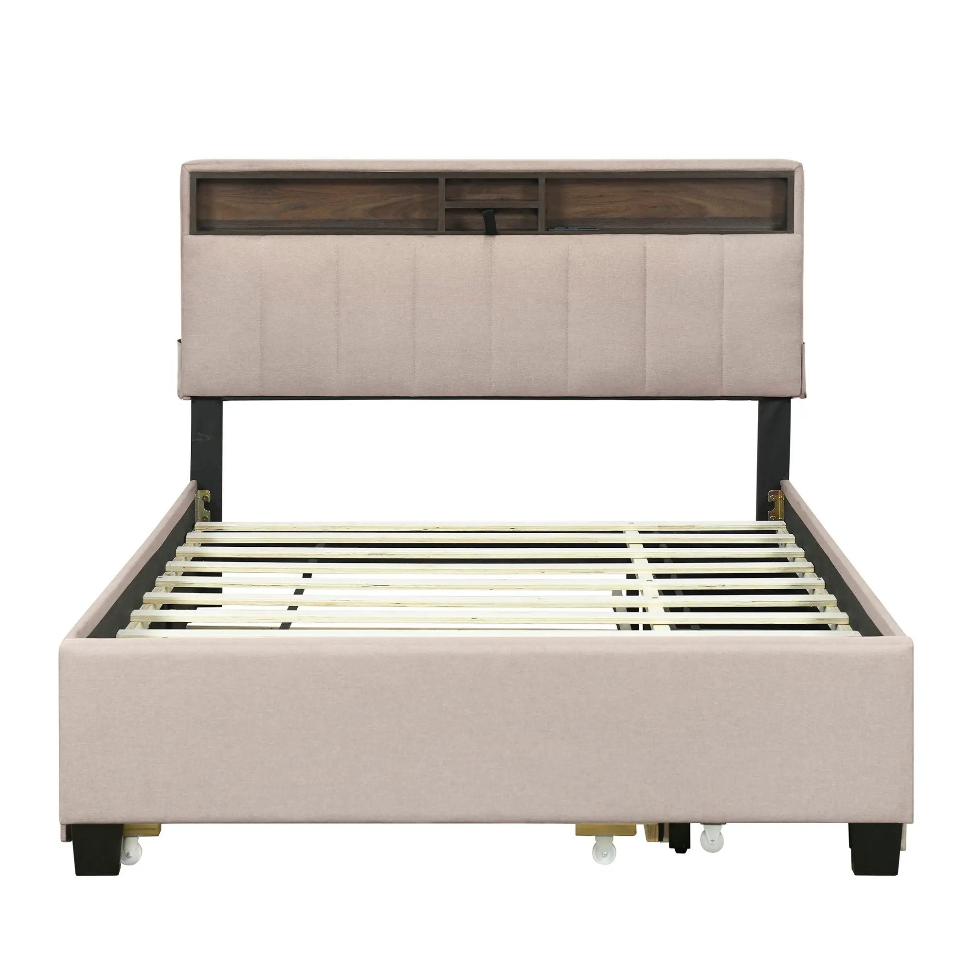 Upholstered Platform Bed With Storage Headboard, Trundle & 2 Drawers And A Set Of Sockets & USB Ports by Unique Piece Furniture