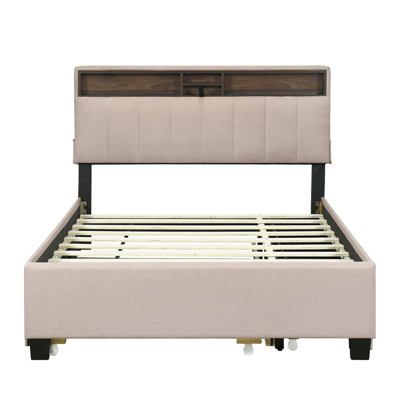 Upholstered Platform Bed With Storage Headboard, Trundle & 2 Drawers And A Set Of Sockets & USB Ports by Unique Piece Furniture