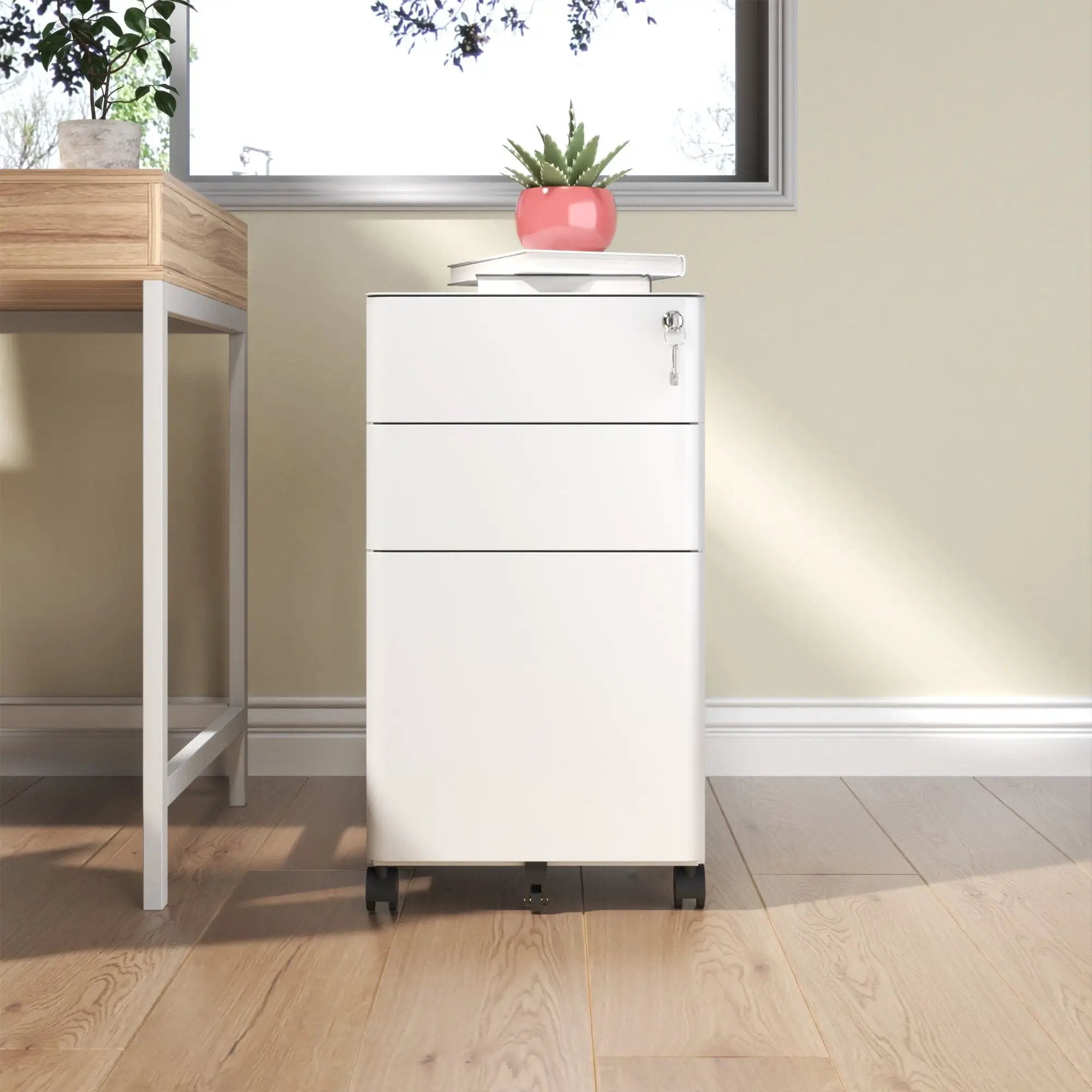 3-Drawer Mobile File Cabinet With Lock, On Wheels, Two Shallow & One Deep Drawer For Office/Home, Fully Assembled - White by Unique Piece Furniture