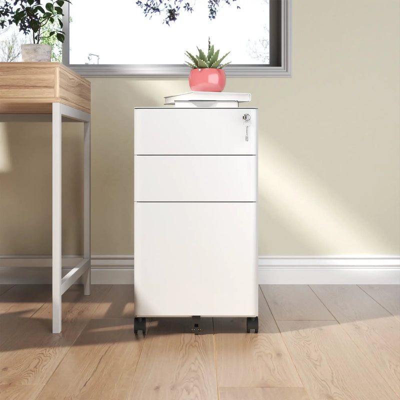3-Drawer Mobile File Cabinet With Lock, On Wheels, Two Shallow & One Deep Drawer For Office/Home, Fully Assembled - White by Unique Piece Furniture
