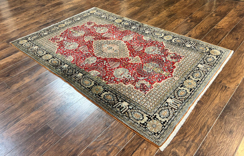 Wonderful Persian Silk Rug 5x7, Birds Floral Vases, Red, Hand Knotted Silk Fine Oriental Carpet, Handmade Vintage, Persian Qum Rug, 400 KPSI by Jewel Rugs