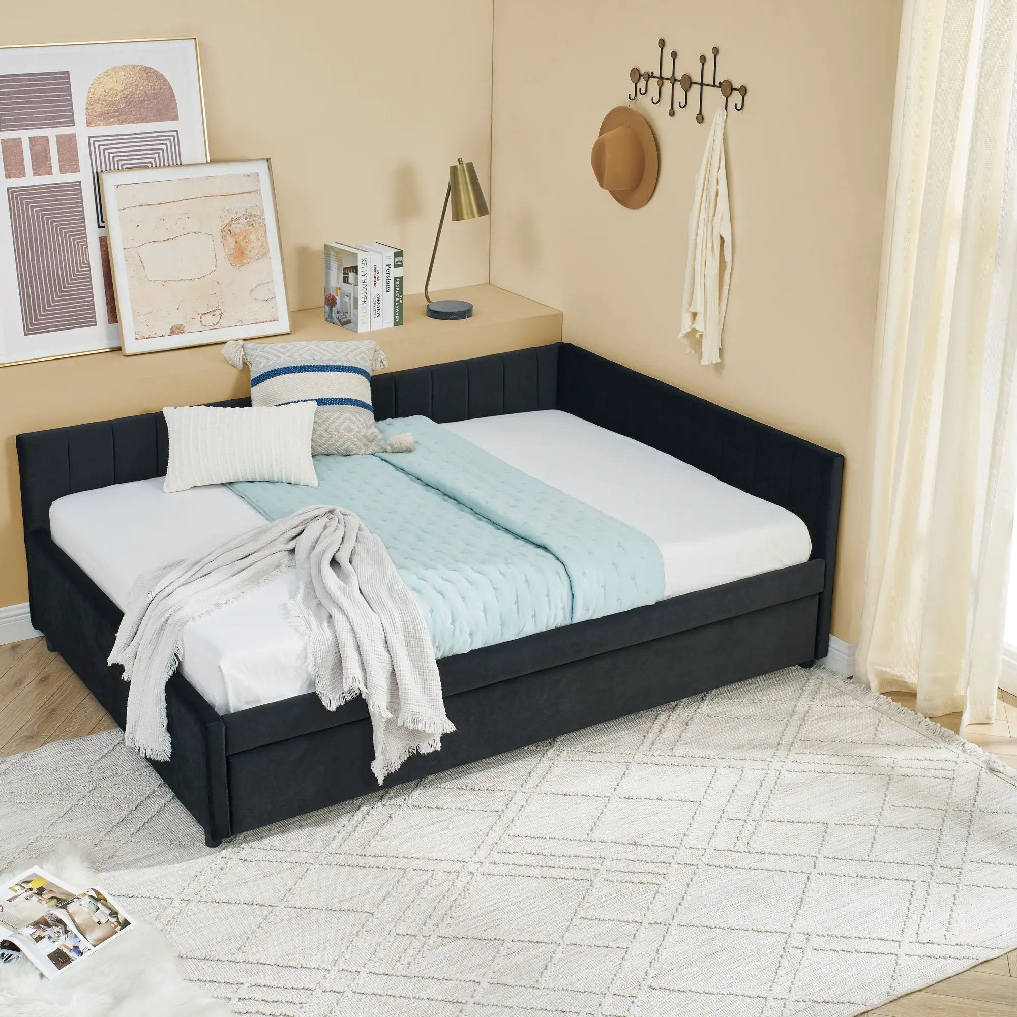 Full Size Upholstered Daybed With Trundle, Tufted Backrest And Armrests - Black by Unique Piece Furniture