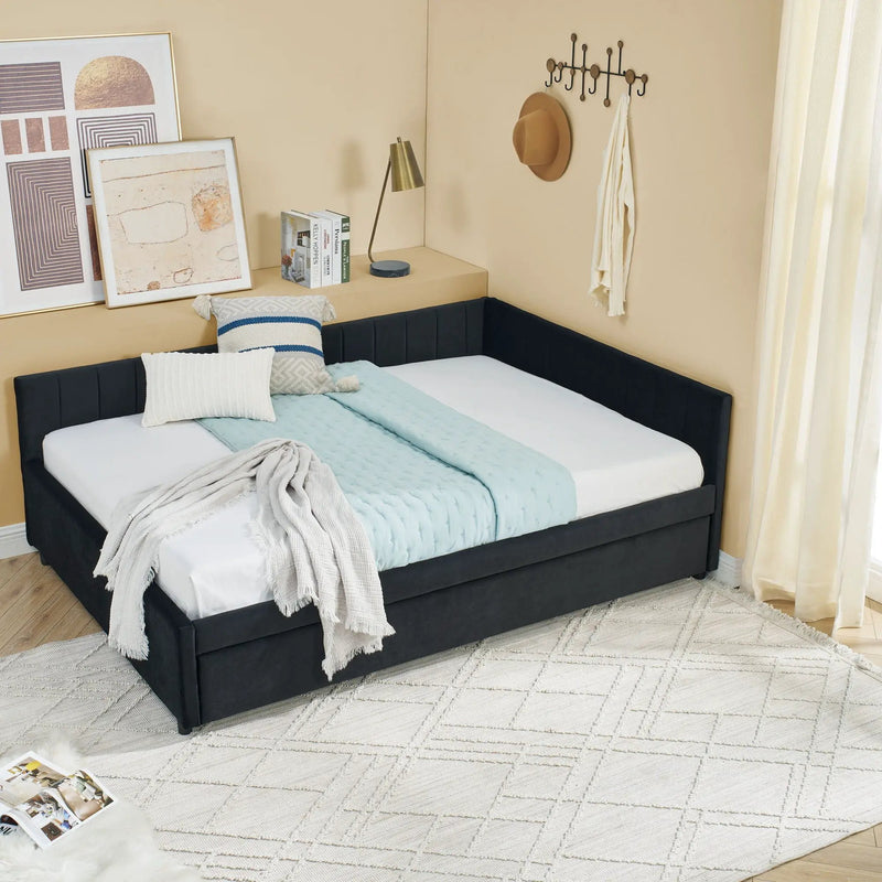 Full Size Upholstered Daybed With Trundle, Tufted Backrest And Armrests - Black by Unique Piece Furniture