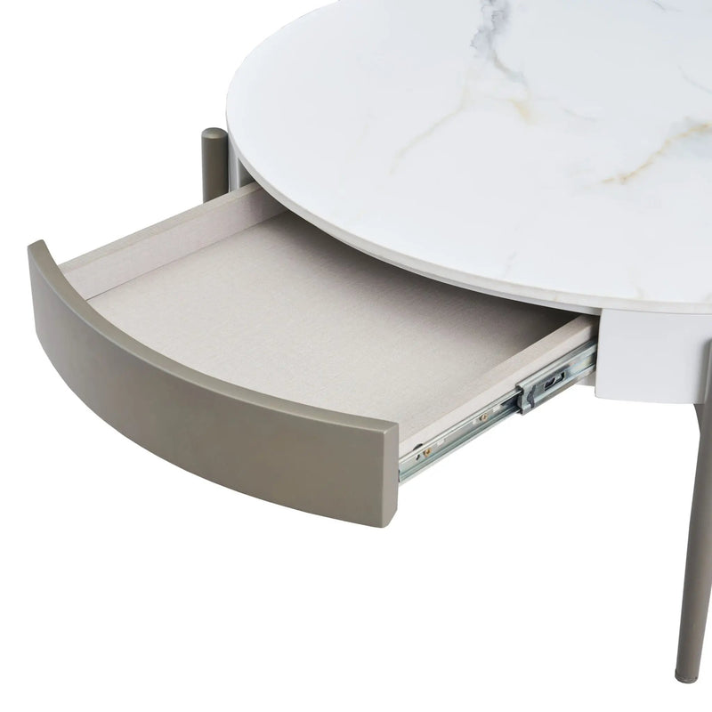 Modern Round Coffee Table With Storage Drawers Handcrafted Ceramic Inlay Tabletop 2 Tone Wood Legs Scandinavian Living Room Center Table - White / Gray by HouseOfZazla