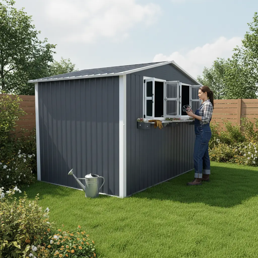6x9 FT Outdoor Metal Storage Shed with Window & Flower Rack by HouseOfZazla