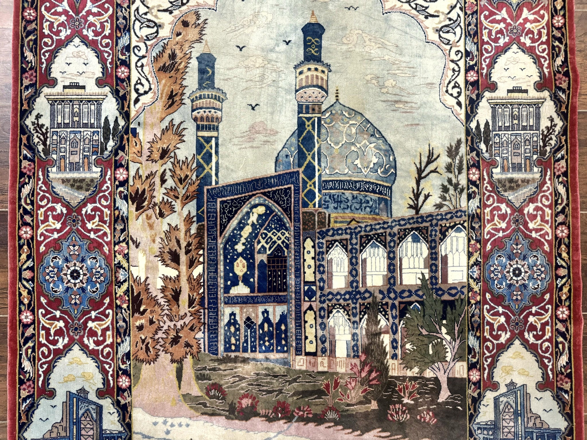 Persian Isfahan Pictorial Rug 3.6 x 5.7, Very Fine 400 KPSI, Historical Buildings, Signed By Masterweaver, Handmade by Jewel Rugs