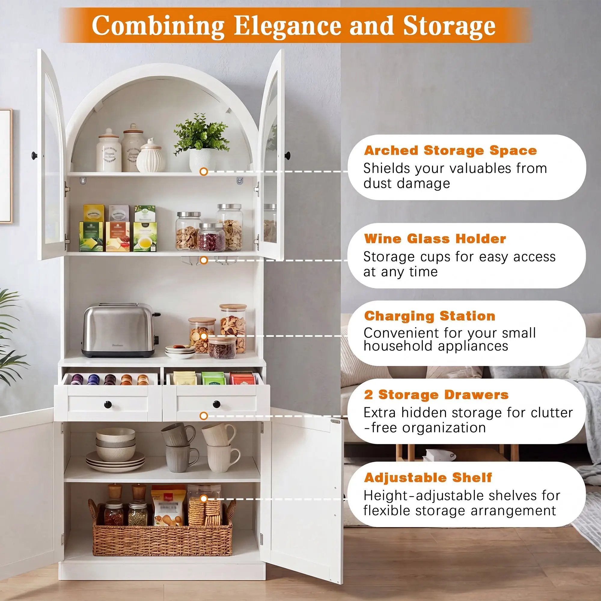 75" Farmhouse Tall Arched Pantry Cabinet with Charging Station by HouseOfZazla