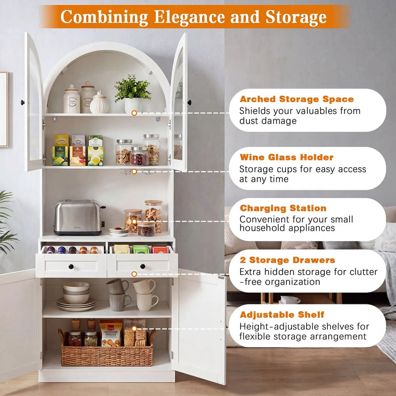 75" Farmhouse Tall Arched Pantry Cabinet with Charging Station by HouseOfZazla