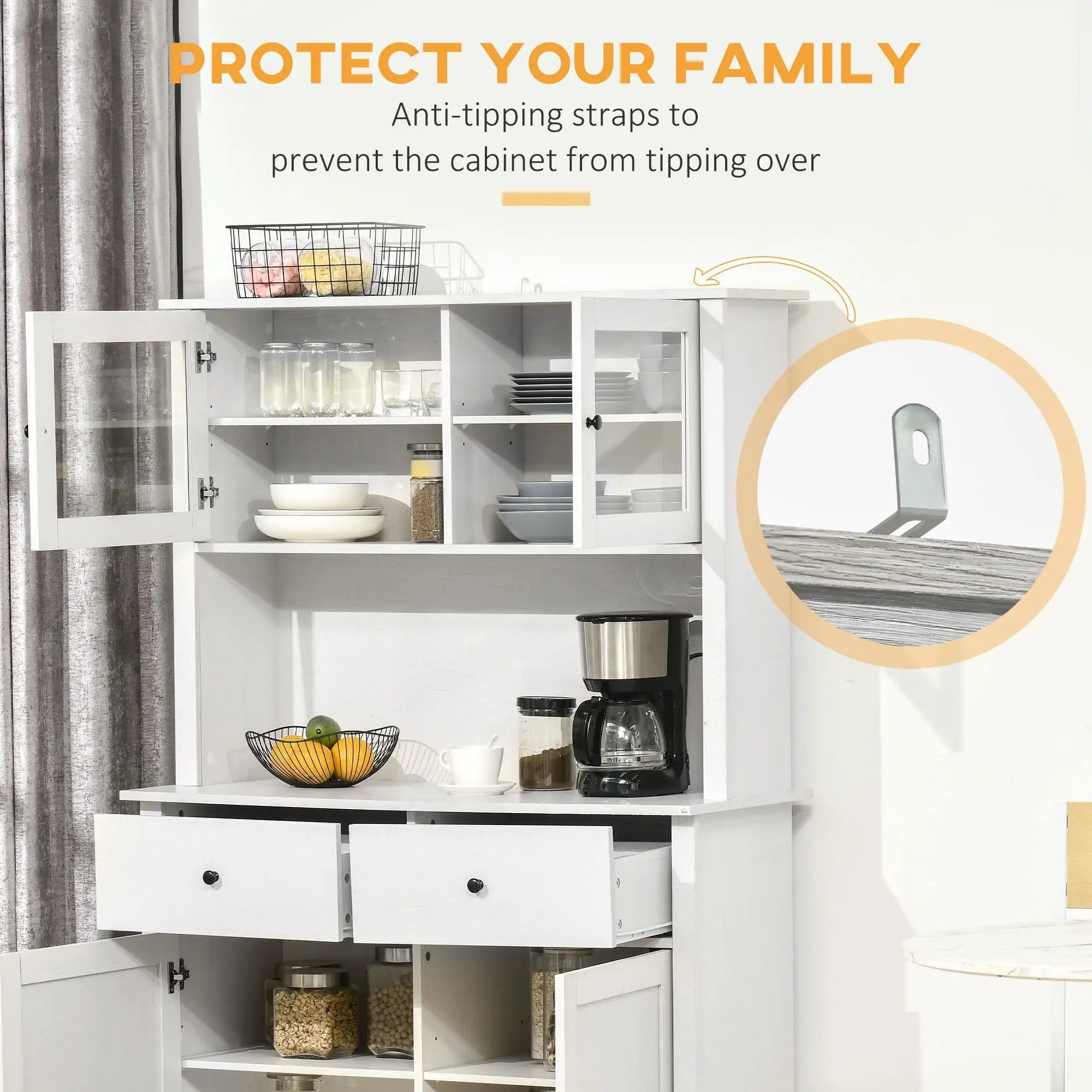 Homcom - 63.5" Kitchen Buffet With Hutch, Pantry Storage Cabinet With 4 Shelves, Drawers, Framed Glass Doors, Open Microwave Countertop - Antique White by Unique Piece Furniture