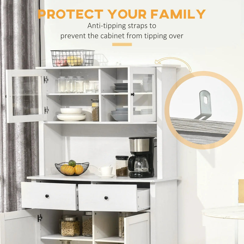 Homcom - 63.5" Kitchen Buffet With Hutch, Pantry Storage Cabinet With 4 Shelves, Drawers, Framed Glass Doors, Open Microwave Countertop - Antique White by Unique Piece Furniture