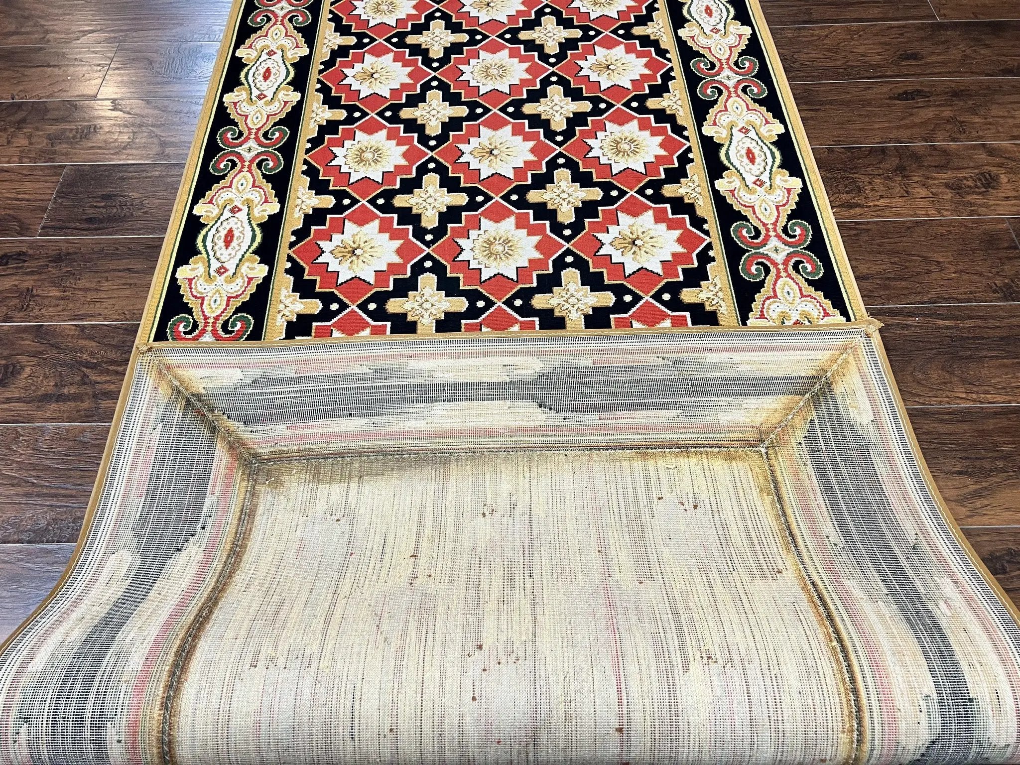 Runner Rug 4x19, Panel Design Rug, Custom Made Stark Runner Carpet, Wool, Vintage 4 x 19 Hallway Rug, European Design, Red Black Ivory Tan by Jewel Rugs