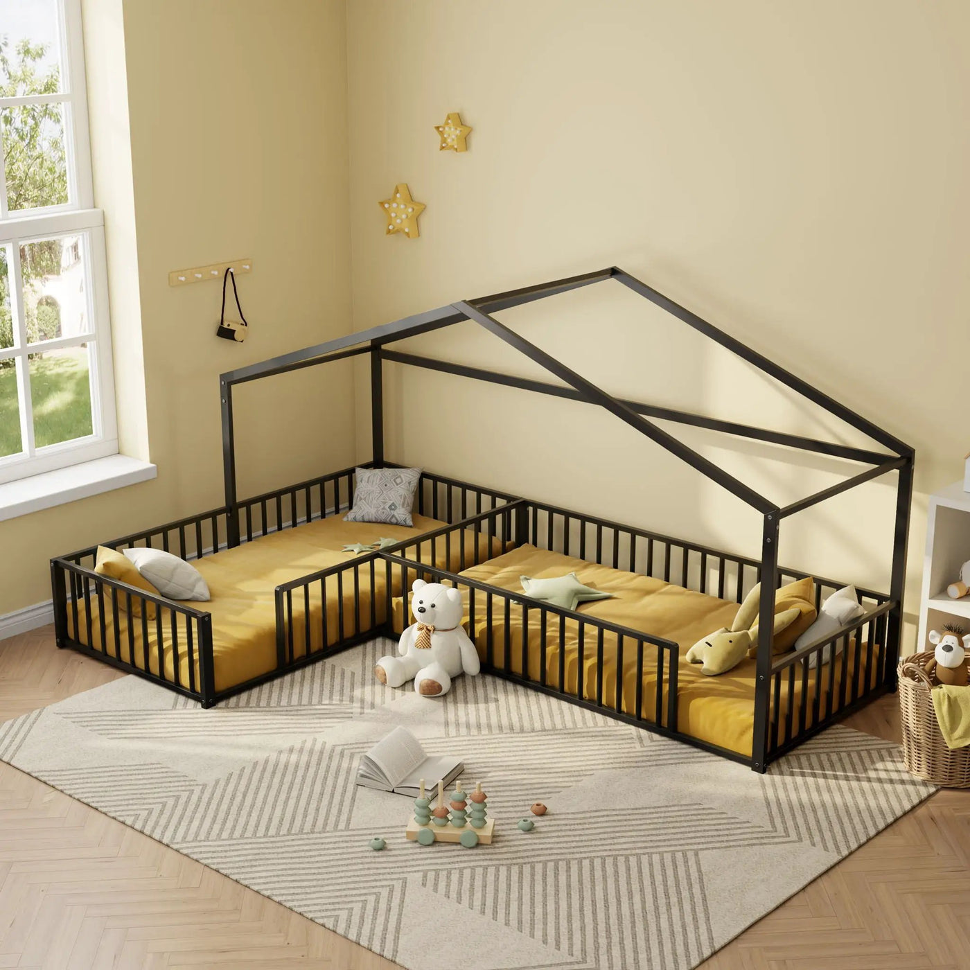 L-Shaped Montessori Bed For 2 Kids With Partitioned Fence by HouseOfZazla