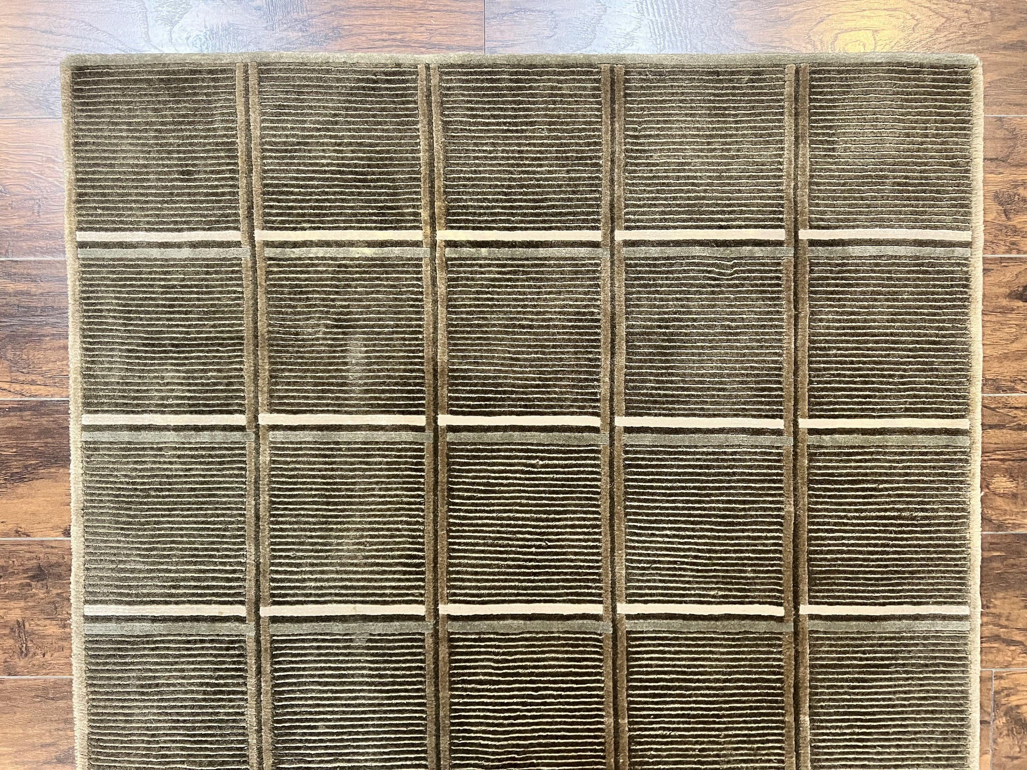 Tibetan Rug 4x6, Green Wool Handmade Area Rug 4 x 6, Panel Design, Modern Contemporary by Jewel Rugs