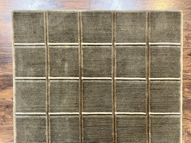 Tibetan Rug 4x6, Green Wool Handmade Area Rug 4 x 6, Panel Design, Modern Contemporary by Jewel Rugs