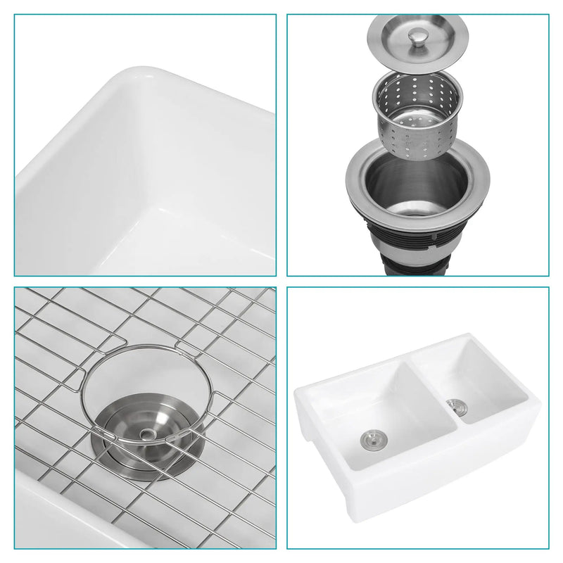 Sink 33" Double Bowl 60 / 40 Kitchen Sink With Deep Basin And Grids - White