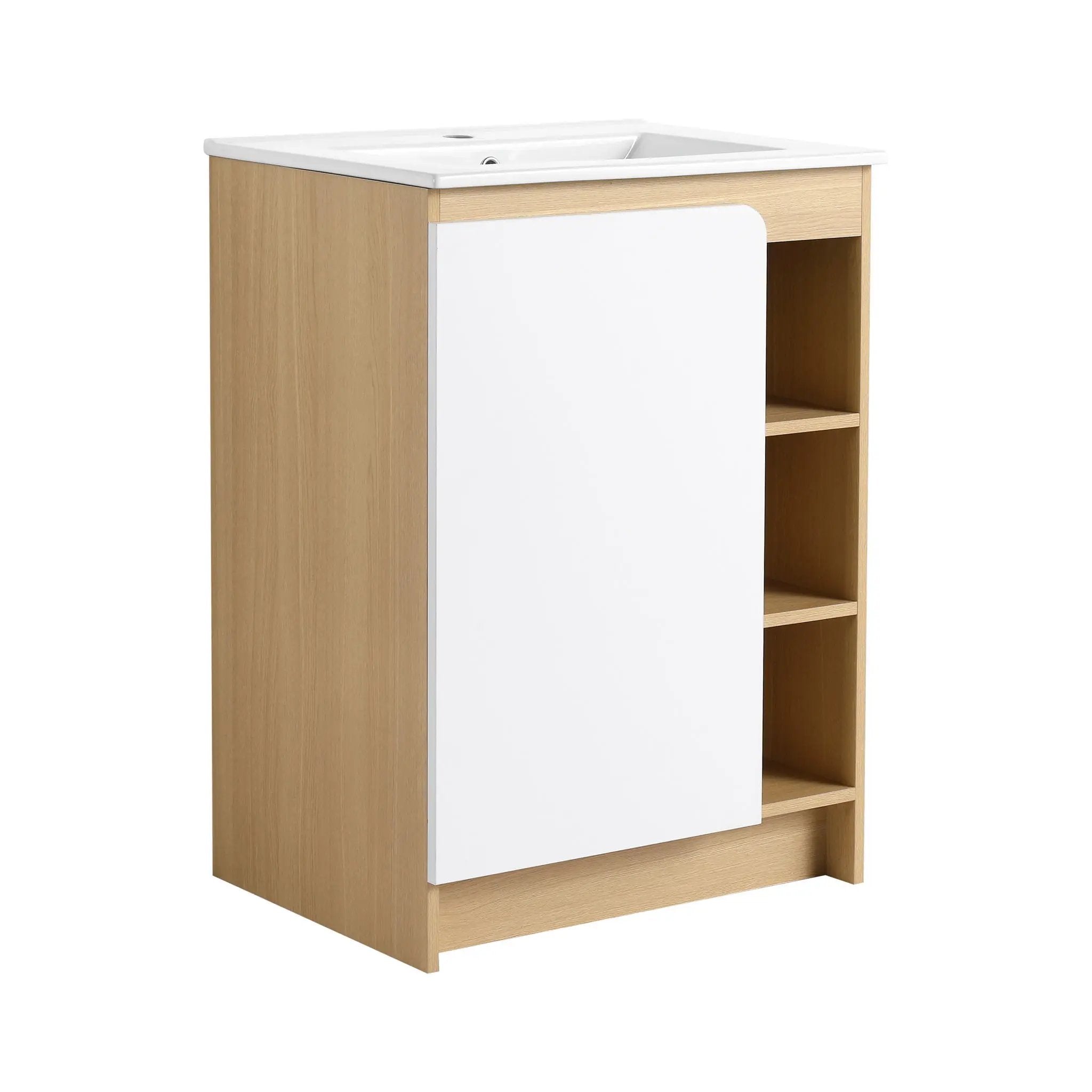 Freestanding Bathroom Vanity With Thin Rim Sink, Single Door With 4 Tier Open Shelves - Light Oak / White by HouseOfZazla