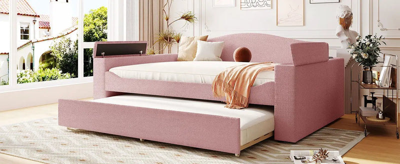 Upholstered Daybed With Storage Armrests, Trundle And Latest Integrated tooth Audio System by HouseOfZazla