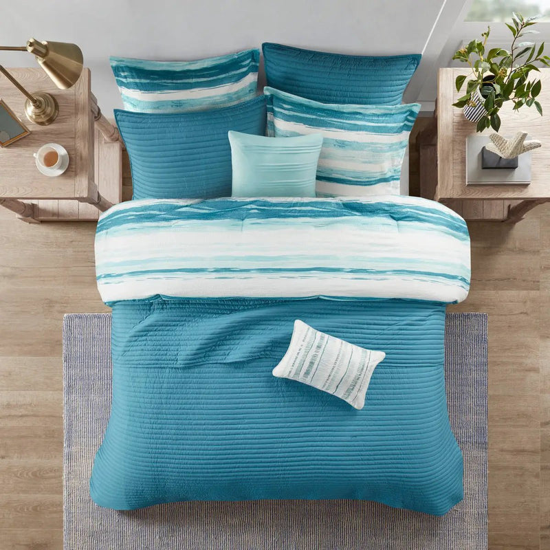 8 Piece Printed Seersucker Comforter and Quilt Set Collection Aqua King/Cal King by HouseOfZazla