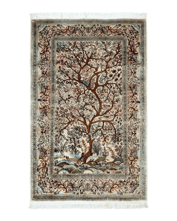 Indian Kashmiri Silk Rug 4x7, Tree of Life Design, Very Fine 380 KPSI, Birds