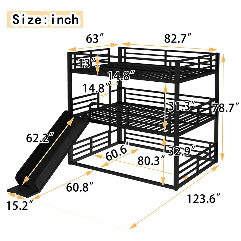 Queen Over Queen Over Queen Bunk Bed with Slide by HouseOfZazla