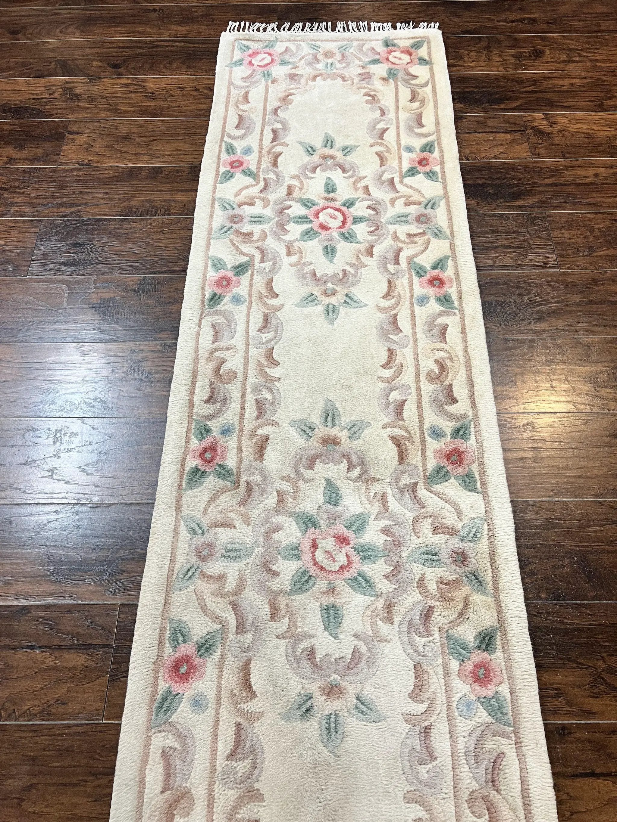 Chinese Aubusson Runner Rug 2.4 x 11, Hand Tufted Beige Floral European Design Hallway Rug, Elegant Rug, Vintage Wool Rug 11ft Long by Jewel Rugs