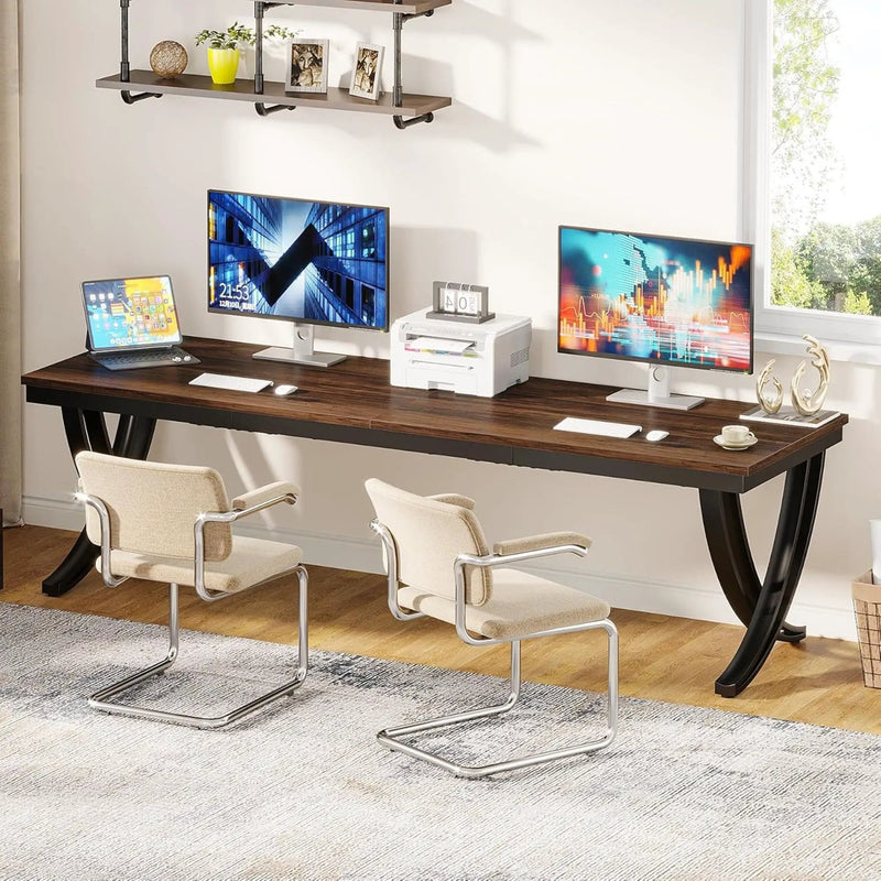 2 Person Desk With X Legs, Extra Long Office Workstation - Brown / Black by HouseOfZazla