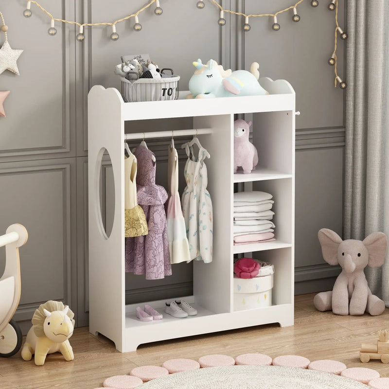 Dress Up Storage With Mirror And Hooks, Clothes Rack With Hanging Rod, 3 Side Hooks, Open Shelves, Top Shelf Organizer - White by Unique Piece Furniture
