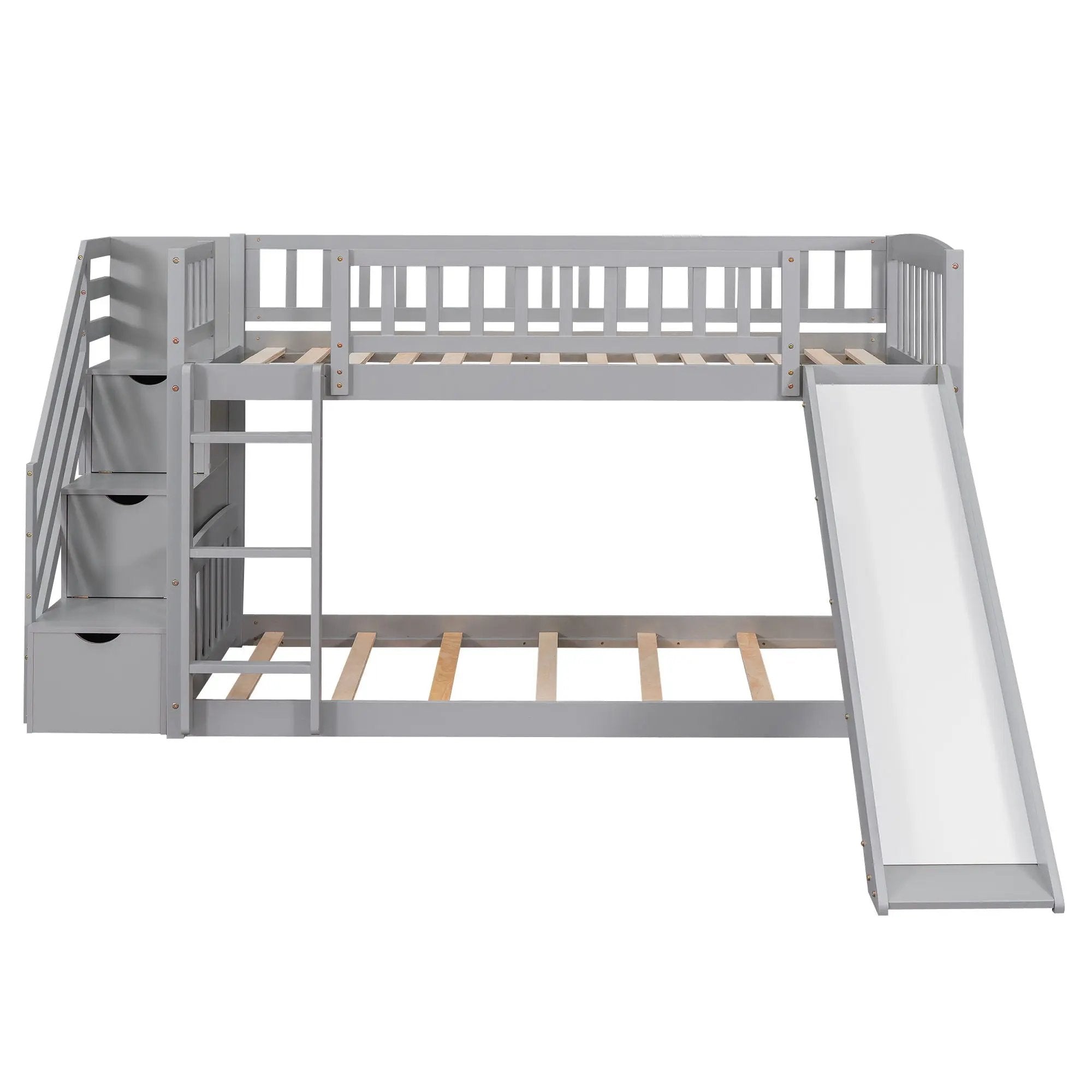 Twin Over Twin Bunk Stairway Bed With 2 Drawers And Slide - Gray by HouseOfZazla